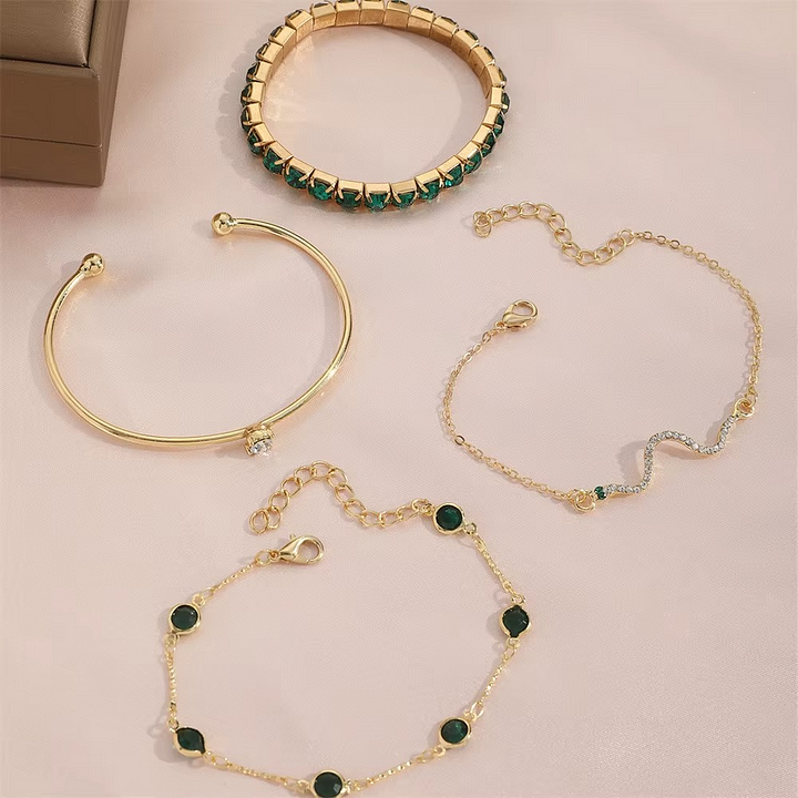 Miray - Conjunto de 4 Pulseras de Cristal Esmeralda y oro