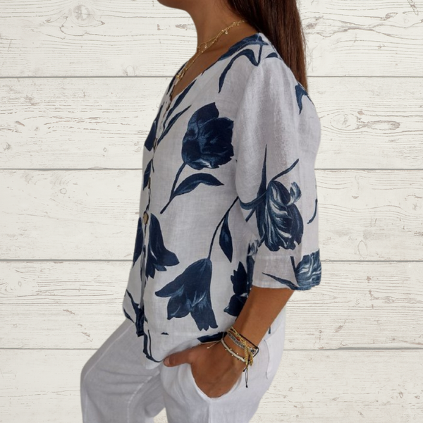 Despoina - Elegante Top Con Estampado Floral y Botones