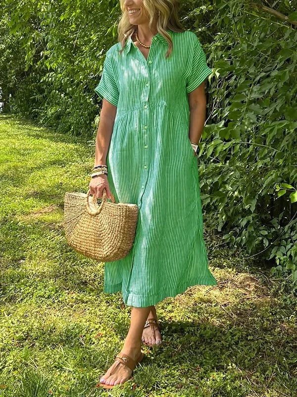 Alory - Cómodo Vestido Midi a Rayas Con Botones
