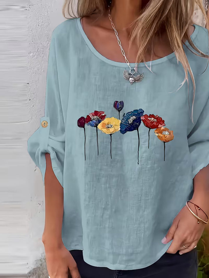 Sheril - Camiseta Holgada Con Mangas Enrollables y Estampado Floral