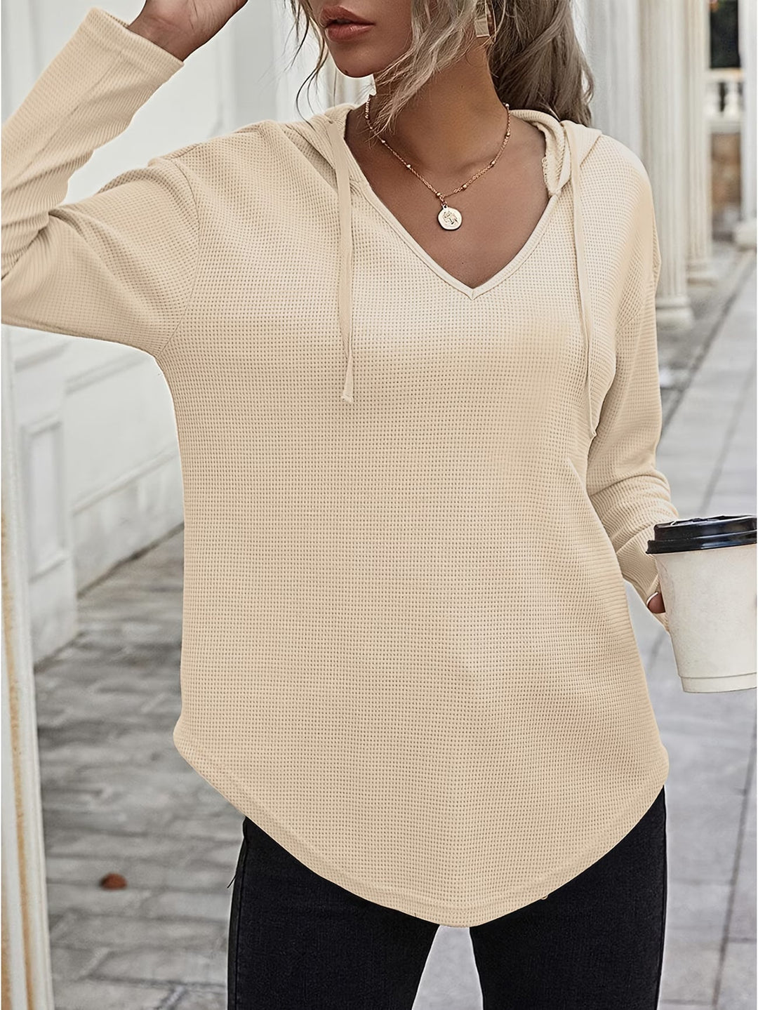 Seonie - Manga Larga Cuello en V Sudadera Con Capucha