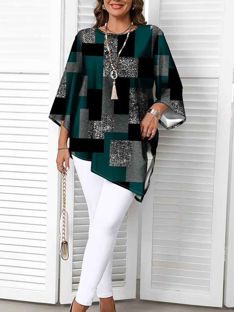 Nurit - Blusa Oversize Estampada a Cuadros Con Manga Corta