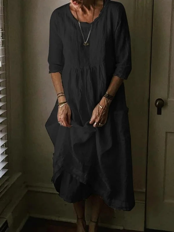 Tasoula - Elegante Vestido De Lino Con Cuello Redondo