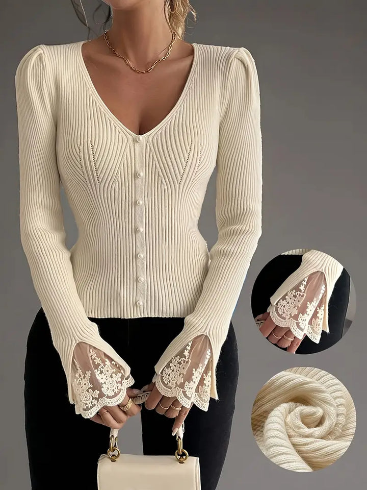 Visenna - Elegante Jersey Con Cuello en V y Mangas De Encaje