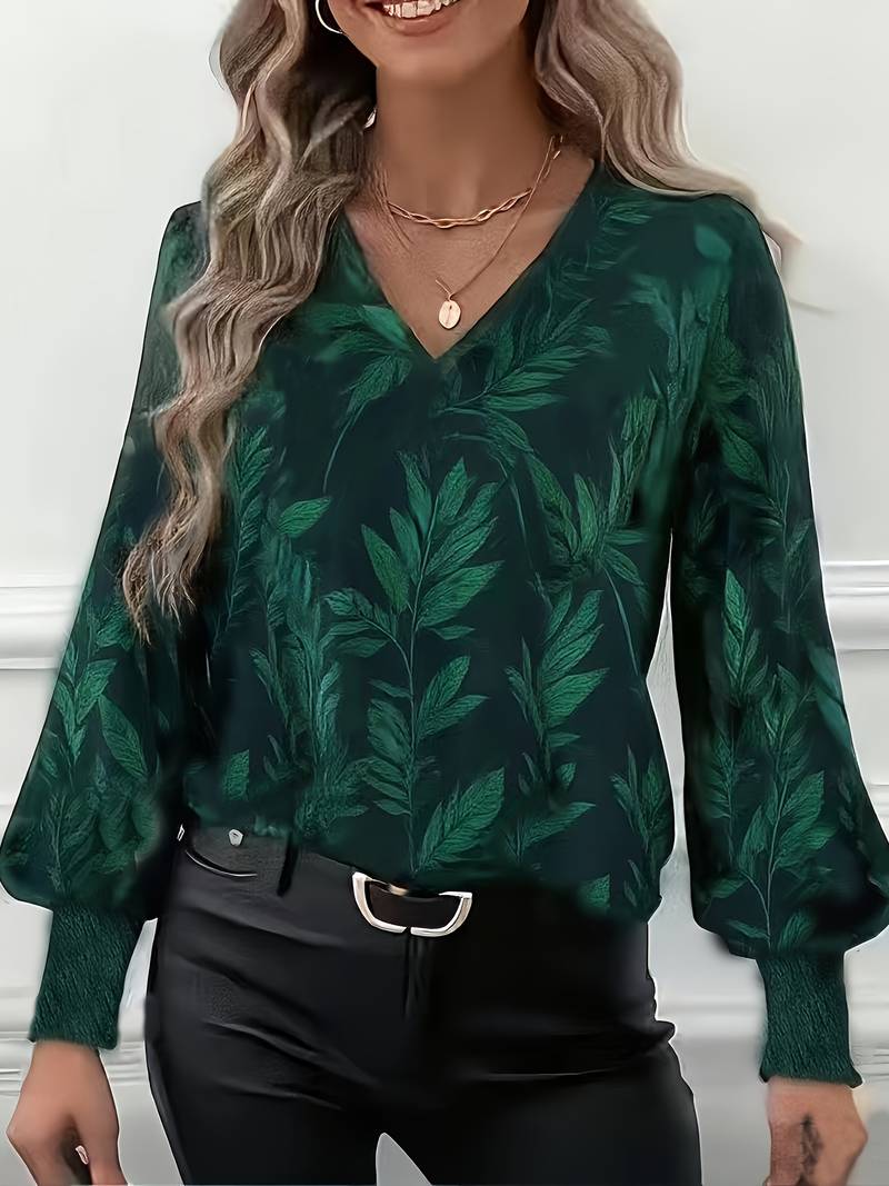Ruchama - Elegante Blusa de Manga Larga Con Estampado de Hojas
