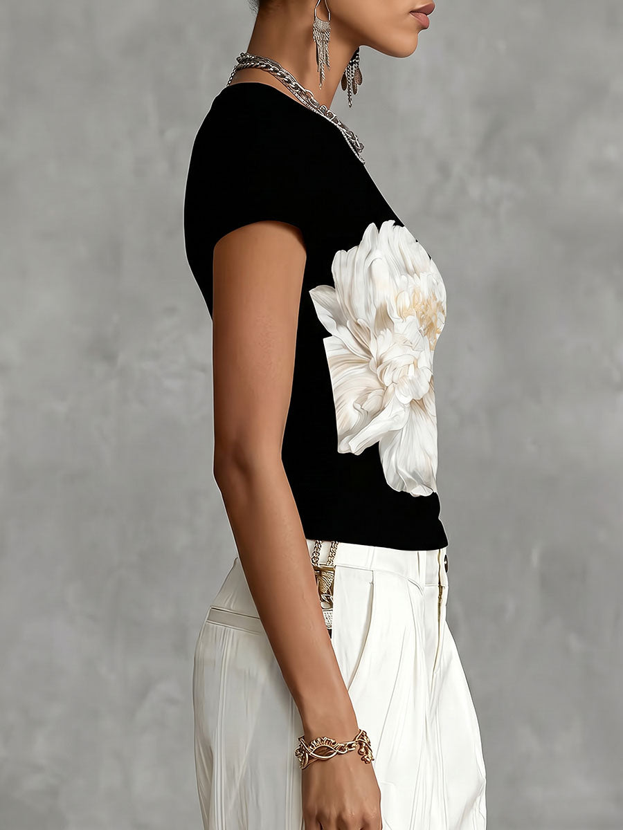 Lunessa - Camiseta De Cuello Redondo Con Estampado Floral Bicolor