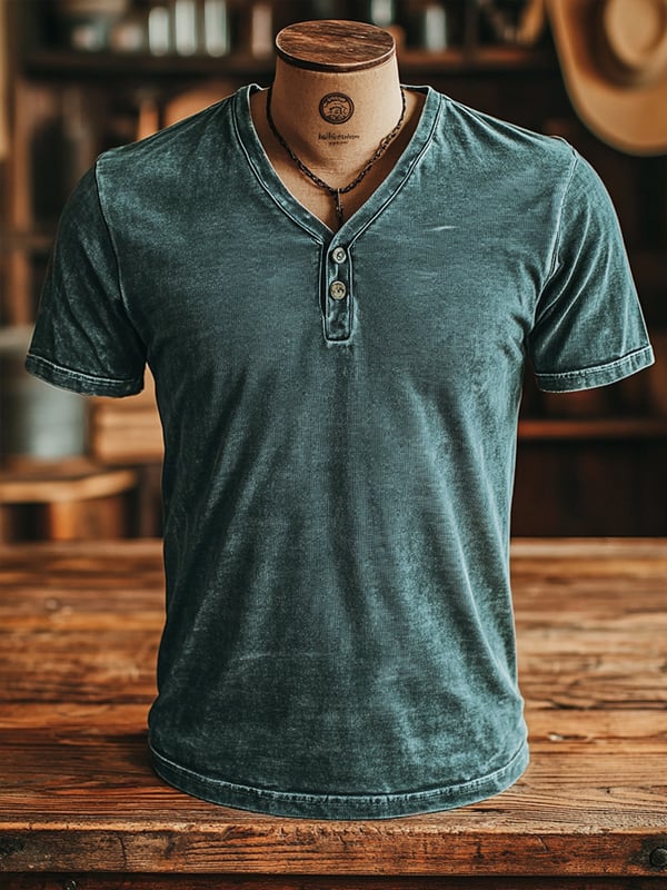 Camiseta clásica Retro Para Hombre Con Tapeta De Botones y Cuello En V. 100 % Algodón. Manga Corta