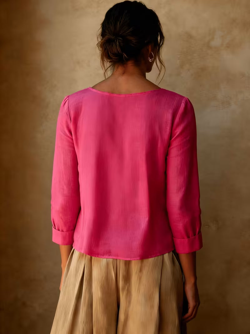 Gelina - Blusa De Cuello Redondo Con Pliegues en La Parte Delantera