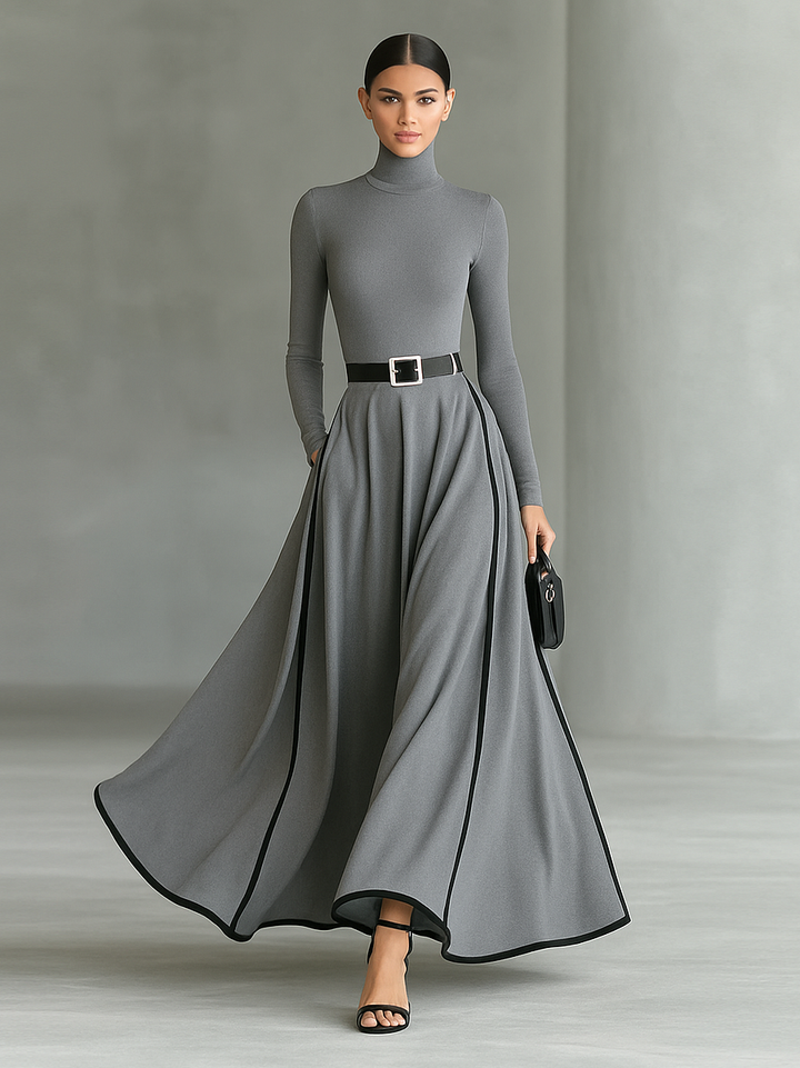 Romilly - Vestido Largo Ajustado Con Cinturón y Manga Larga