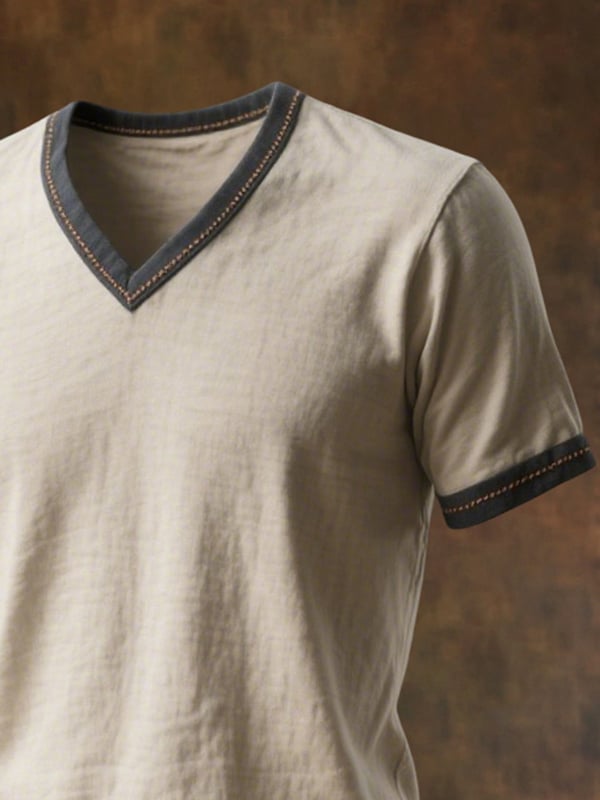 Camiseta De Manga Corta Con Cuello En V y Bloques De Color Retro Para Hombre