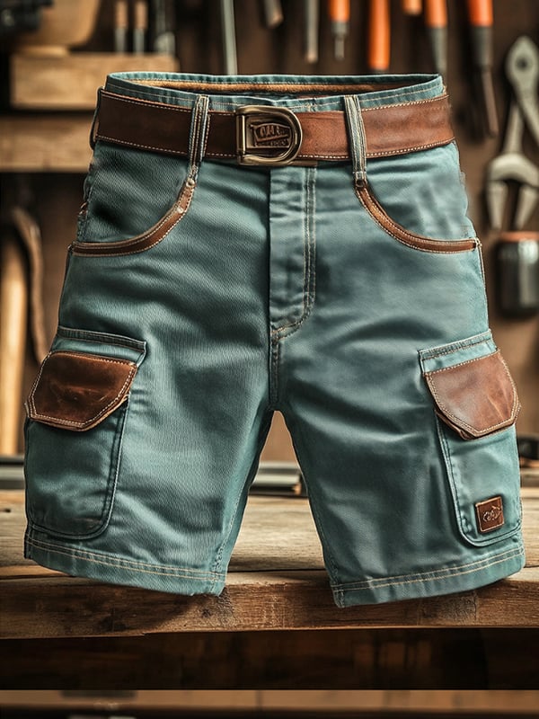 Pantalones Cortos Vintage Para Hombre Con Bolsillos y Costuras Funcionales (Con Cinturón)