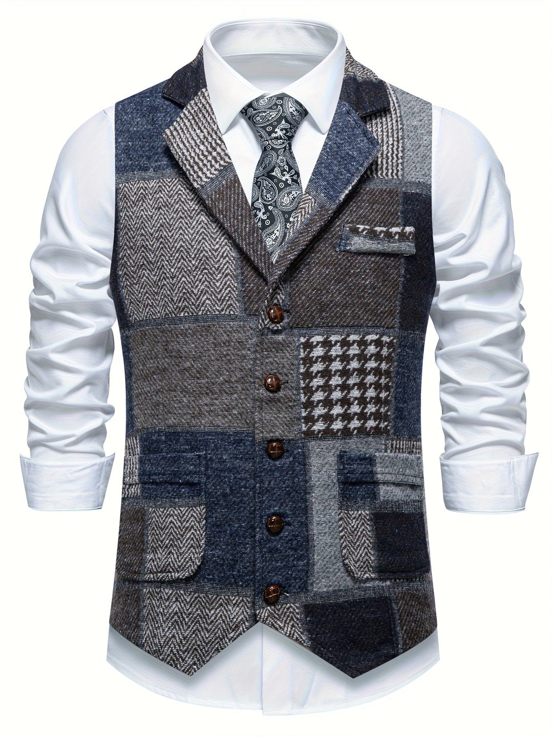 Saverse - Chaleco De Tweed Con Diseño En Espiga y Patchwork