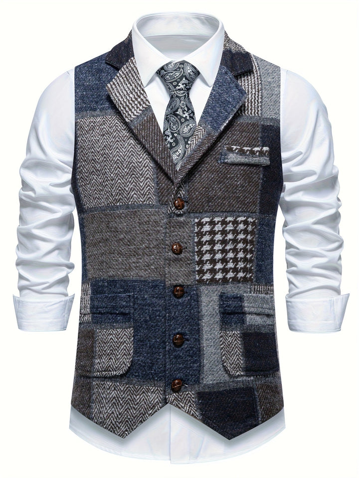 Saverse - Chaleco De Tweed Con Diseño En Espiga y Patchwork