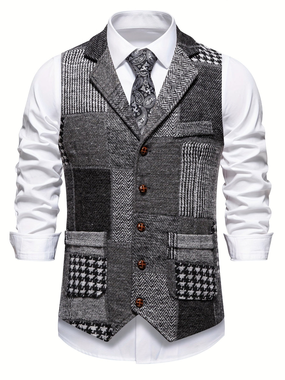 Saverse - Chaleco De Tweed Con Diseño En Espiga y Patchwork