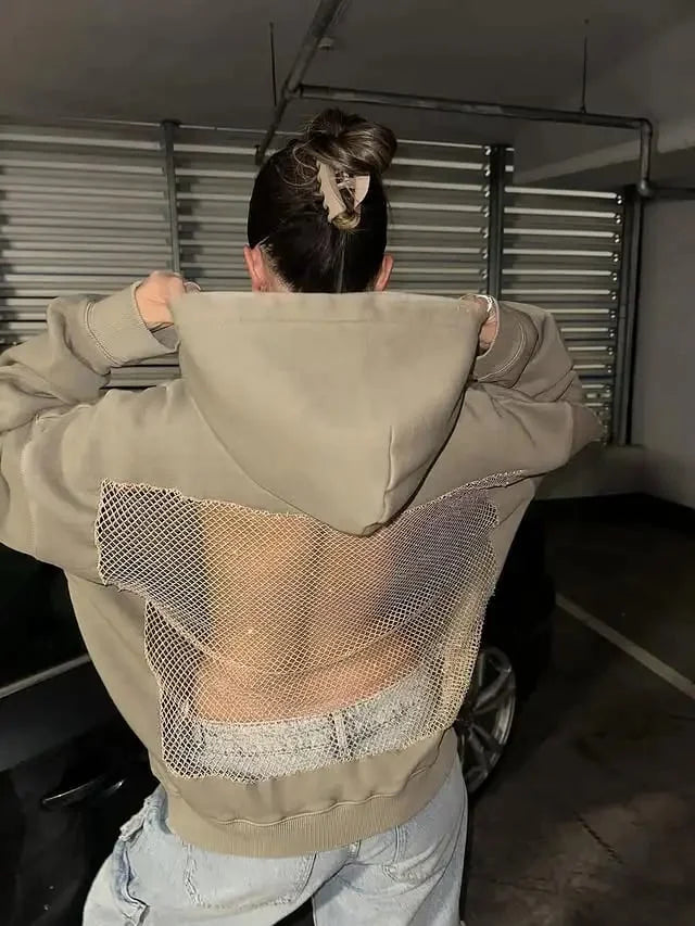 Yasmina - Sudadera Con Capucha Sin Espalda y Malla Brillante