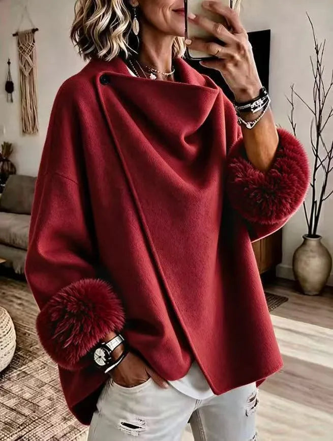 Mikila - Chaqueta Asimétrica De Mezcla De Lana Con Puños De Piel Sintética