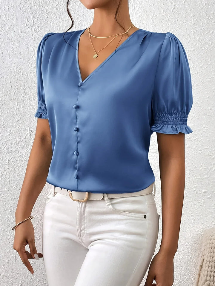 Abella - Elegante Blusa Con Cuello En V y Mangas Abullonadas