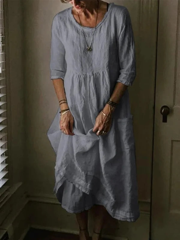 Tasoula - Elegante Vestido De Lino Con Cuello Redondo