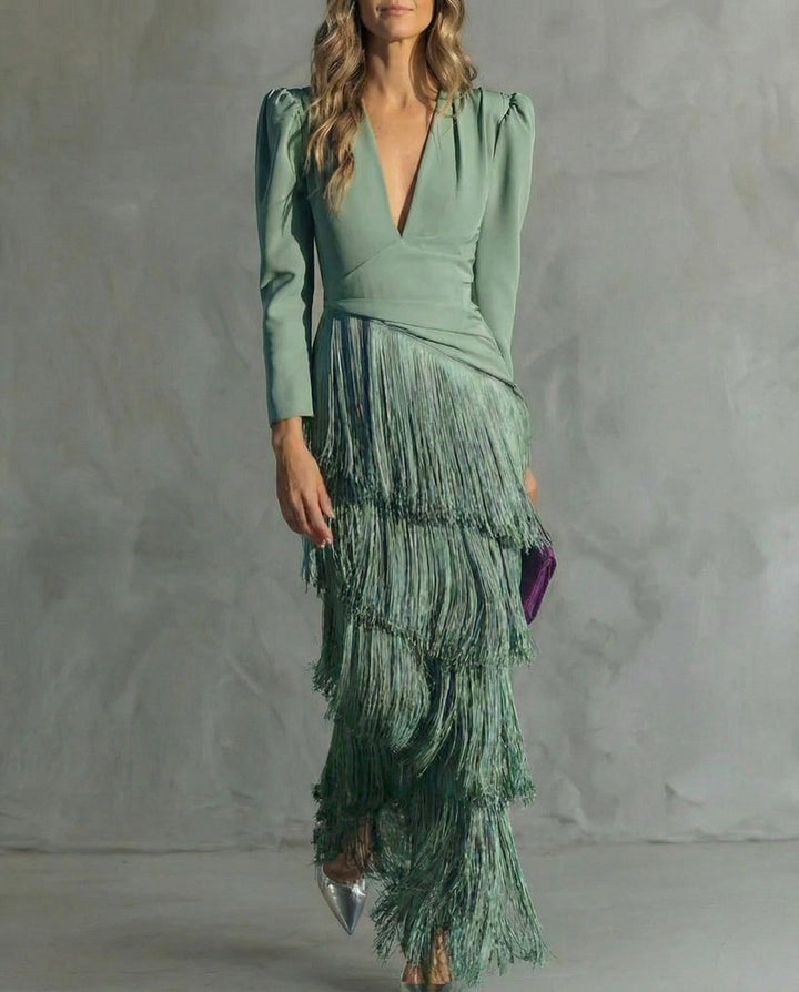 Nipuni - Vestido Eegante Con Mangas Con Flecos