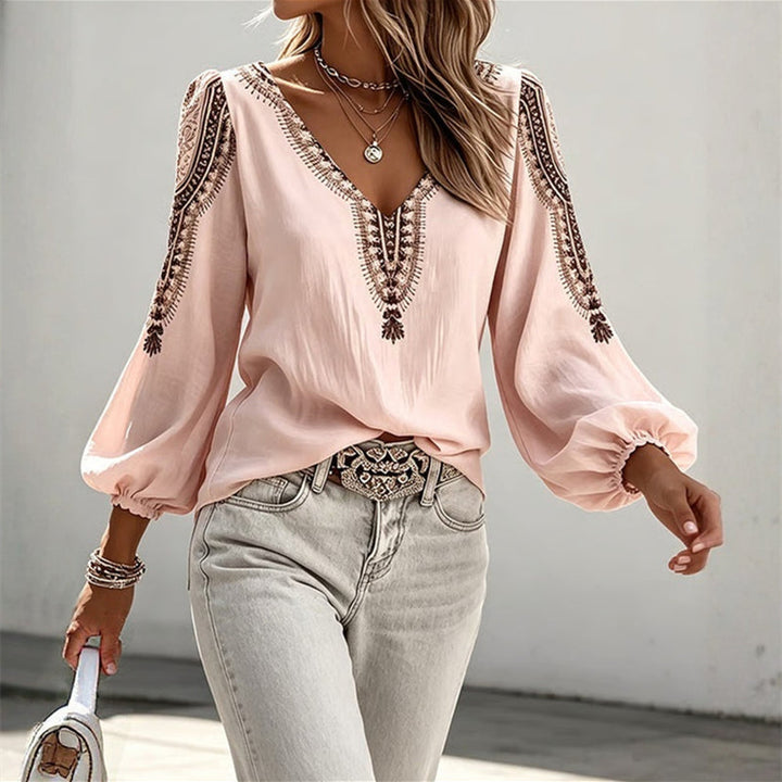 Aynura - Blusa De Manga Larga Con Cuello en V Bordada