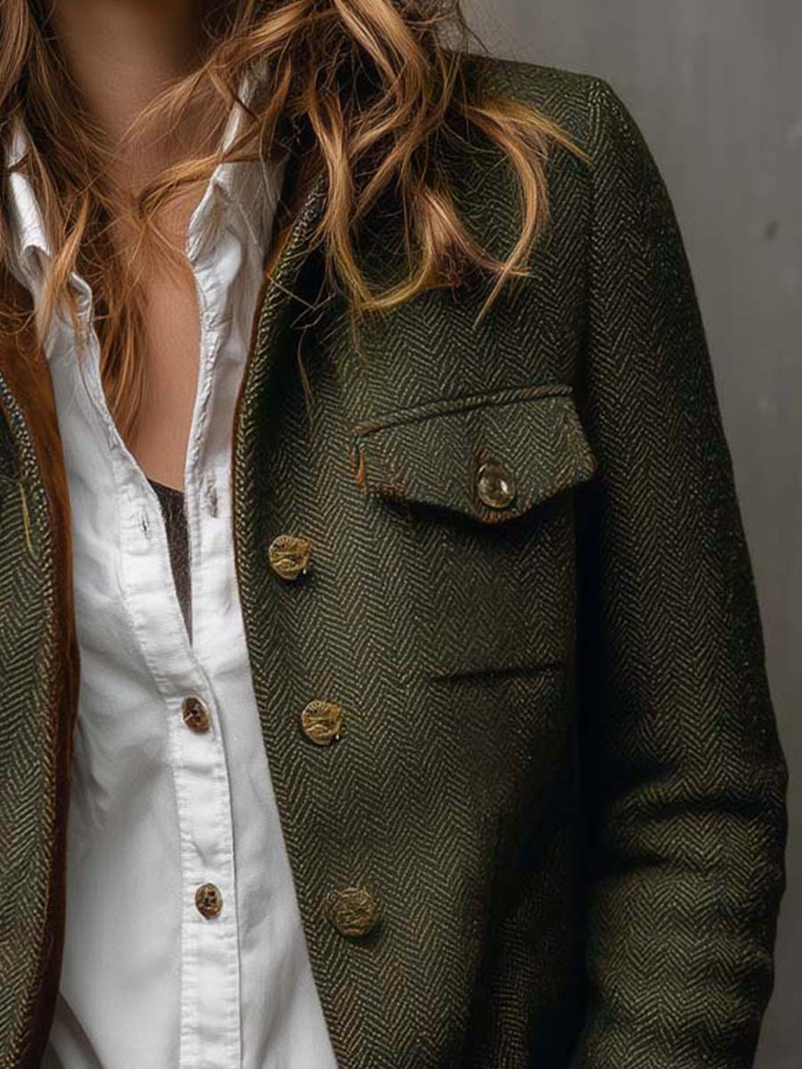 Lazina - Chaqueta Abotonada Con Estampado en Espiga Y Puños a Contraste