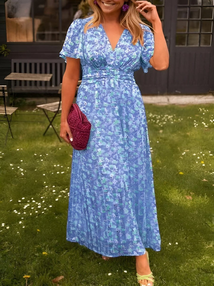 Sampaio - Elegante Cuello En V Vestido Con Motivos Florales Imprimir