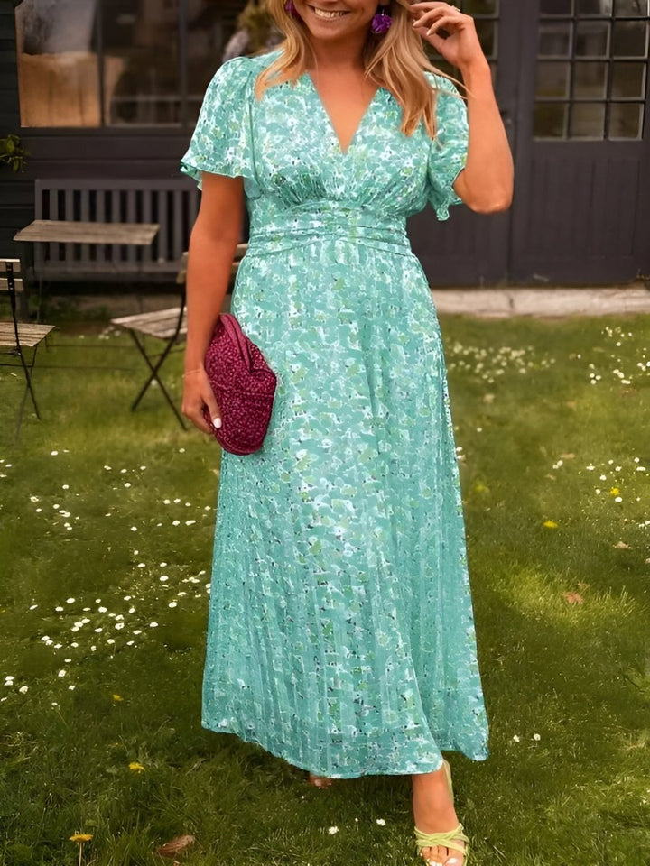 Sampaio - Elegante Cuello En V Vestido Con Motivos Florales Imprimir