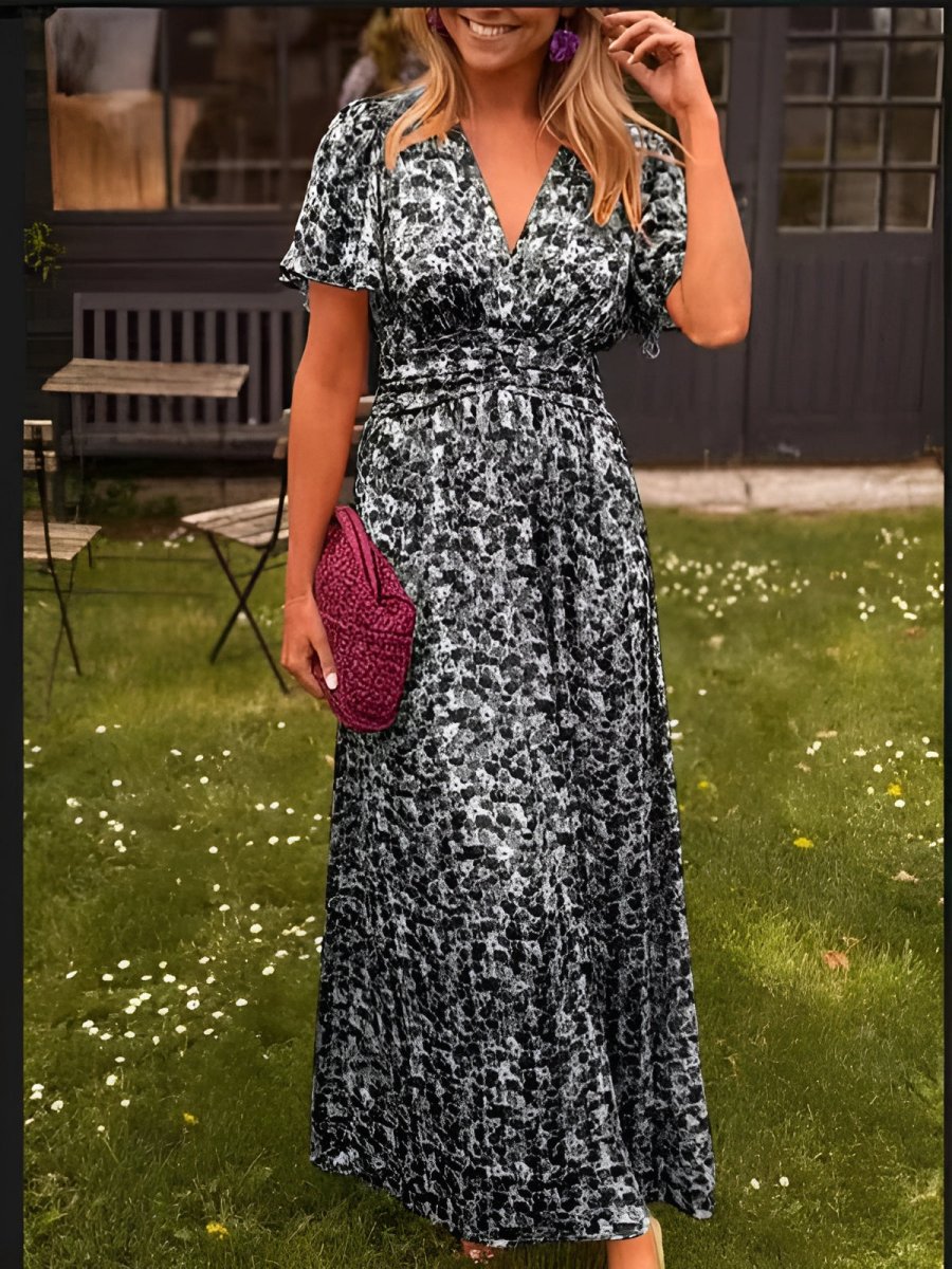 Sampaio - Elegante Cuello En V Vestido Con Motivos Florales Imprimir