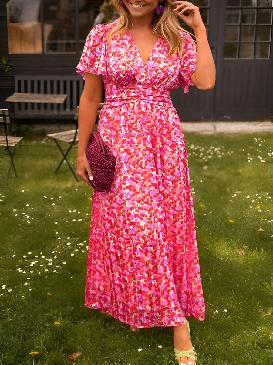 Sampaio - Elegante Cuello En V Vestido Con Motivos Florales Imprimir