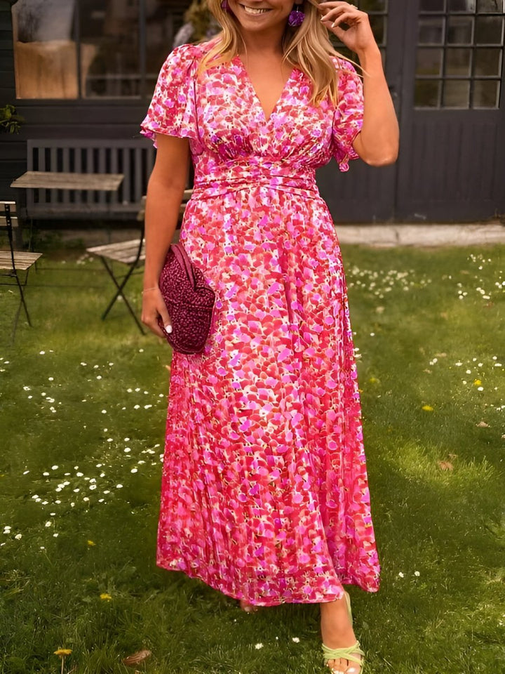 Sampaio - Elegante Cuello En V Vestido Con Motivos Florales Imprimir