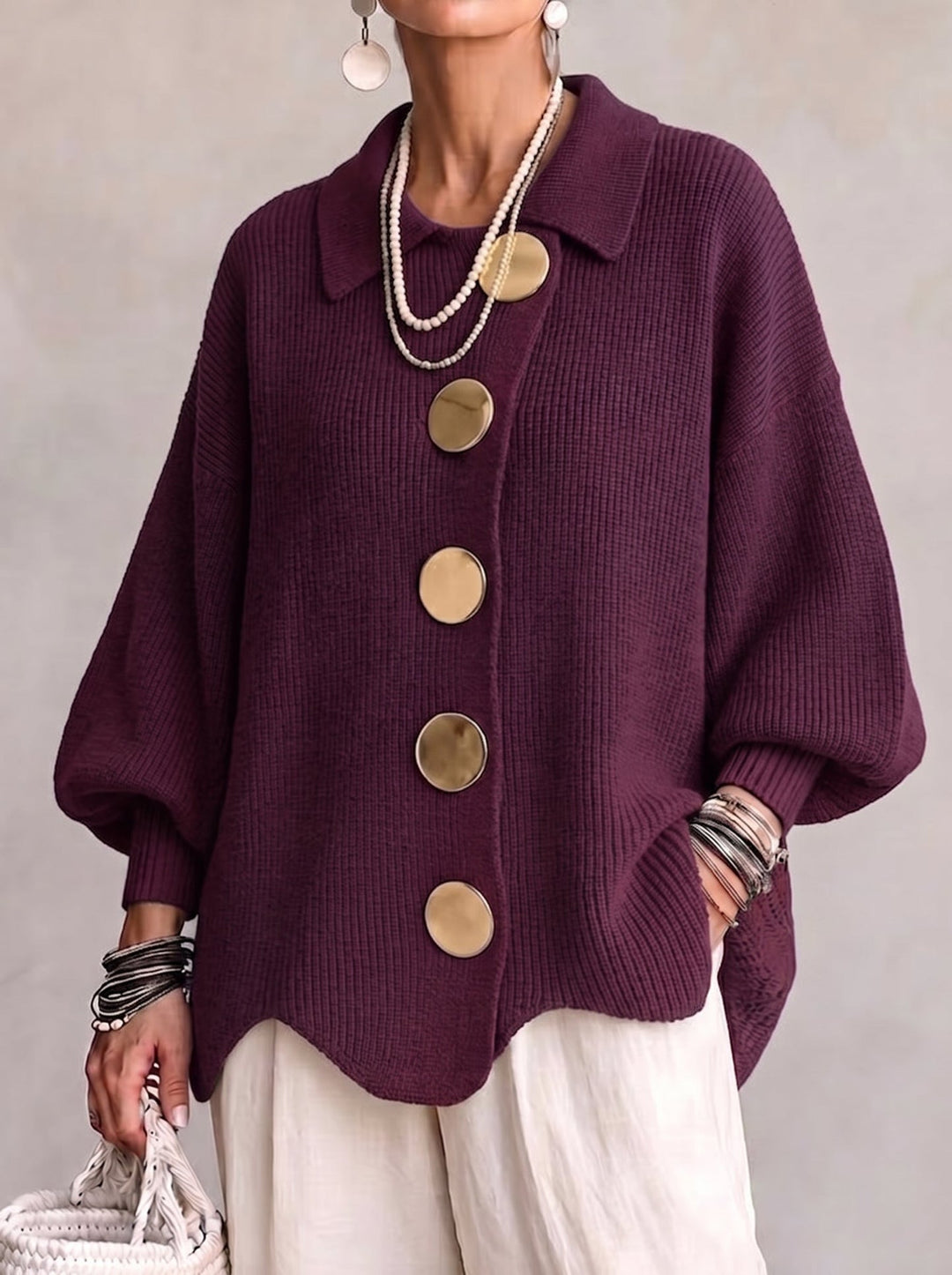 Shiryl - Rebeca de Punto Con Cuello Mangas Largas y Botones