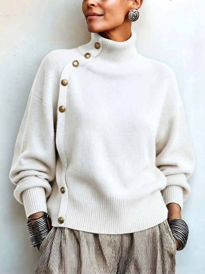 Lylian - Jersey de Manga Larga Con Cuello Alto y Ribete de Botones