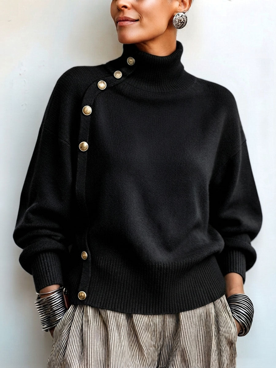 Lylian - Jersey de Manga Larga Con Cuello Alto y Ribete de Botones