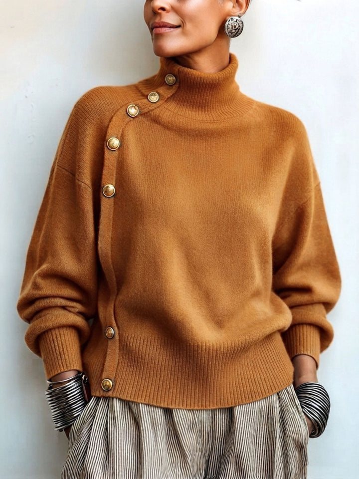Lylian - Jersey de Manga Larga Con Cuello Alto y Ribete de Botones