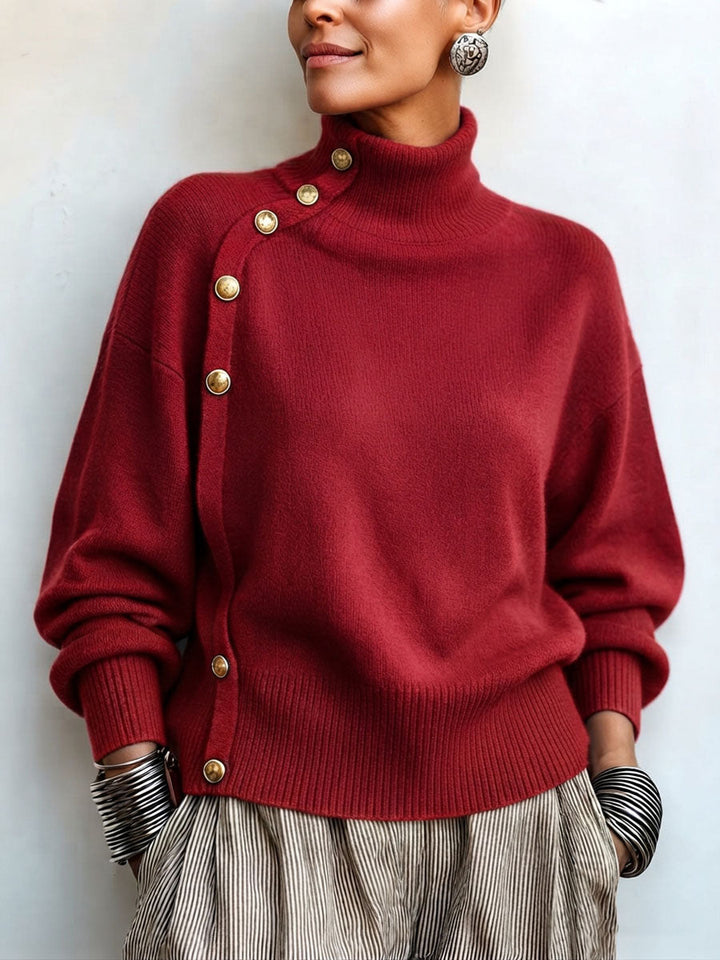 Lylian - Jersey de Manga Larga Con Cuello Alto y Ribete de Botones