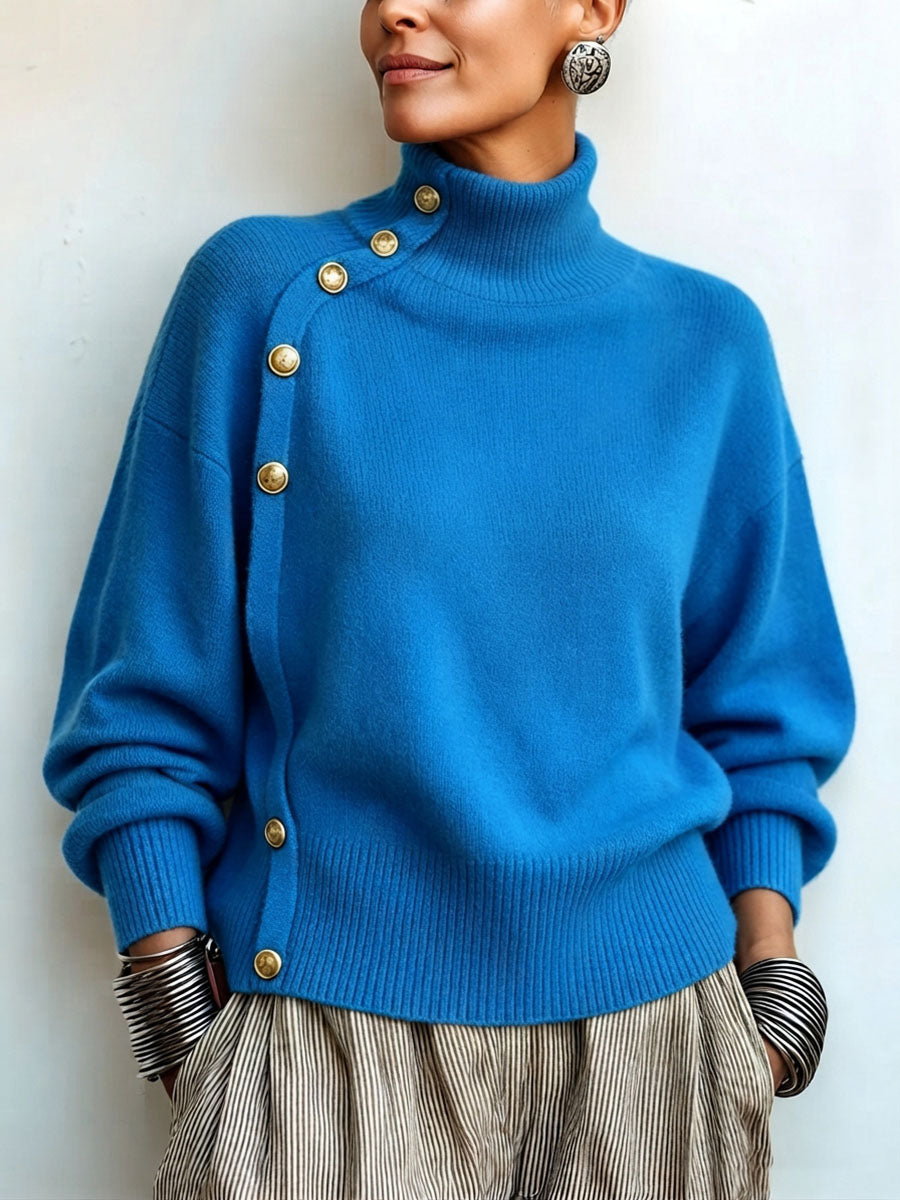 Lylian - Jersey de Manga Larga Con Cuello Alto y Ribete de Botones
