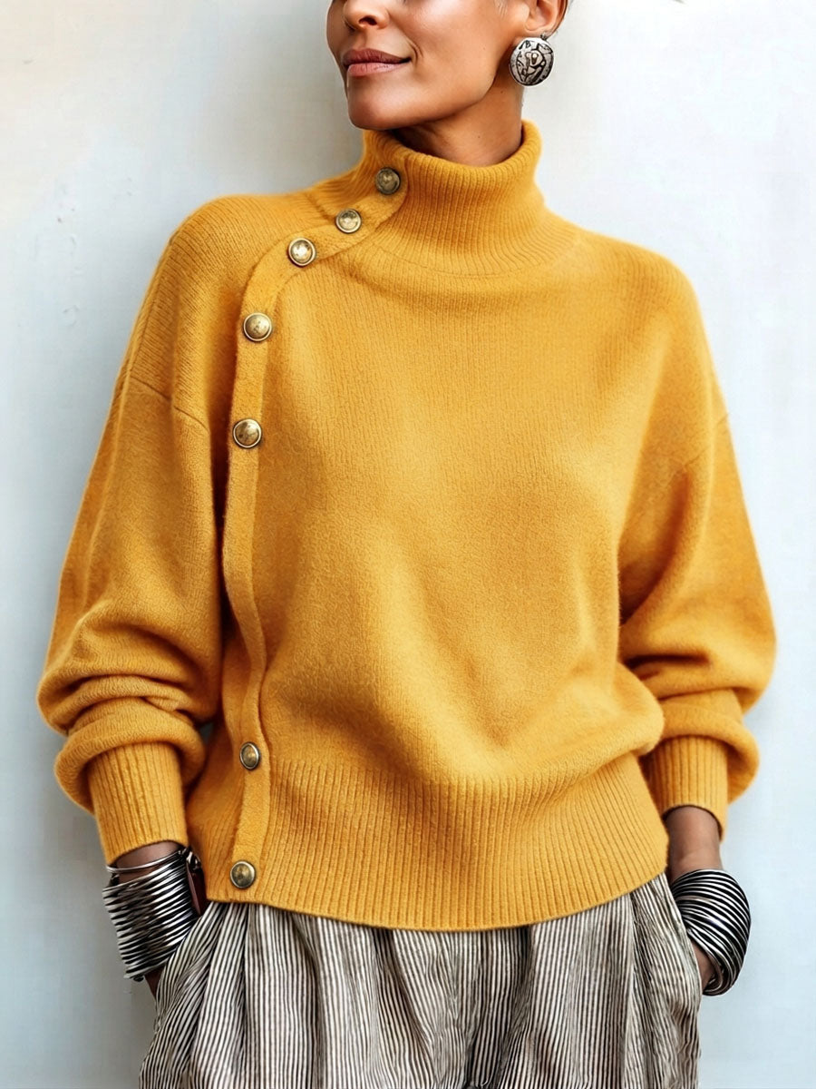 Lylian - Jersey de Manga Larga Con Cuello Alto y Ribete de Botones