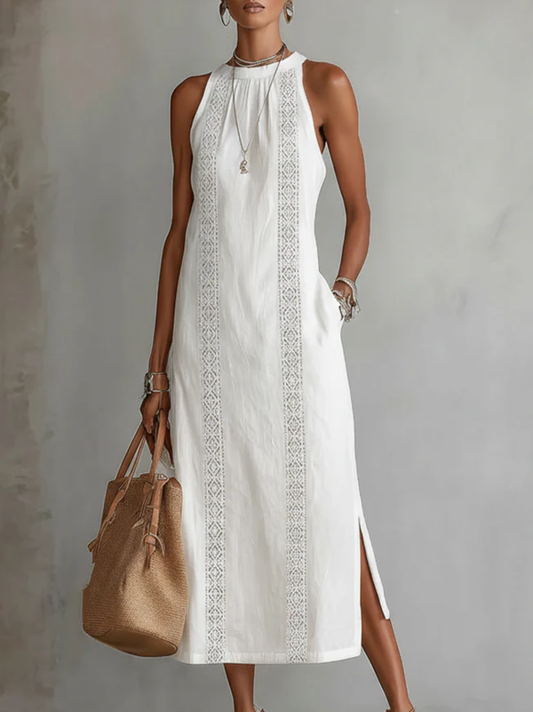Devindi - Vestido Midi de Lino Con Cuello Mao