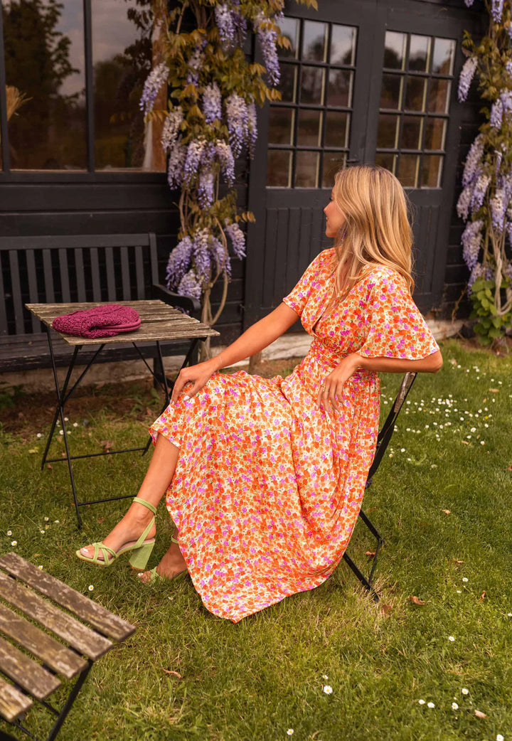 Sampaio - Elegante Cuello En V Vestido Con Motivos Florales Imprimir