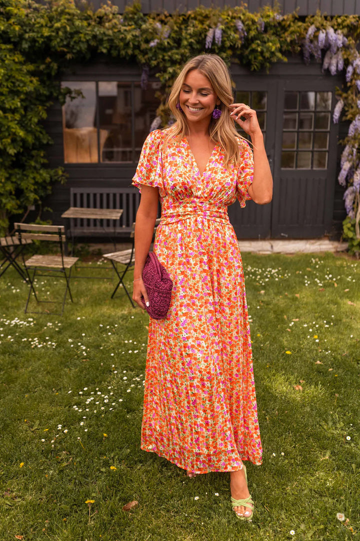 Sampaio - Elegante Cuello En V Vestido Con Motivos Florales Imprimir