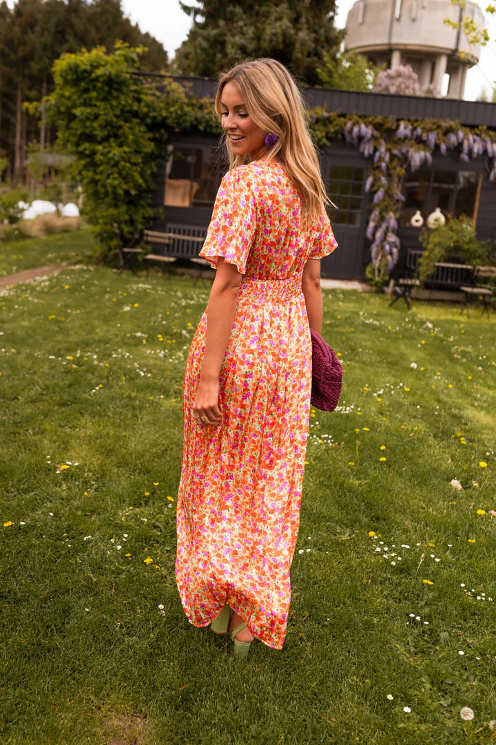 Sampaio - Elegante Cuello En V Vestido Con Motivos Florales Imprimir
