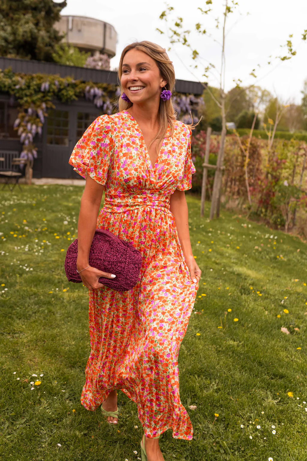Sampaio - Elegante Cuello En V Vestido Con Motivos Florales Imprimir