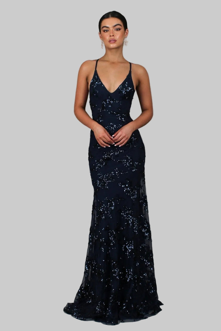 Ayela - Vestido Largo Con Escote en V y Lazo En La Espalda Con Lentejuelas