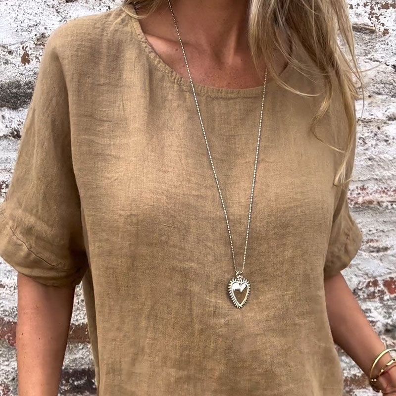 Yashira - Blusa de Algodón y Lino con Cuello Redondo