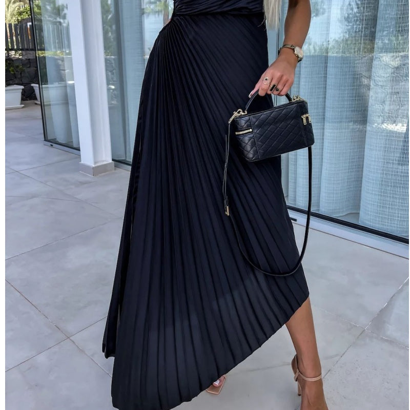 Breena - Elegante Vestido Largo Con Un Hombro Al Aire Y Plisado