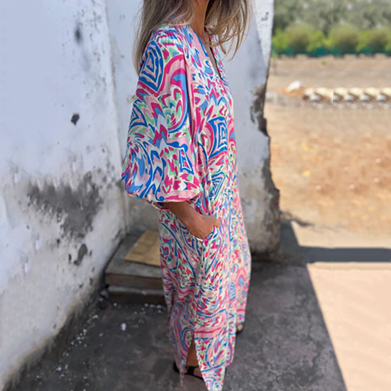 Lowri - Elegante Vestido Largo Con Cuello En V y Bolsillos