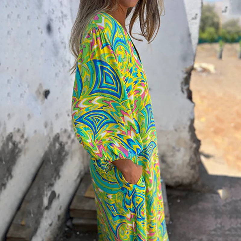 Lowri - Elegante Vestido Largo Con Cuello En V y Bolsillos