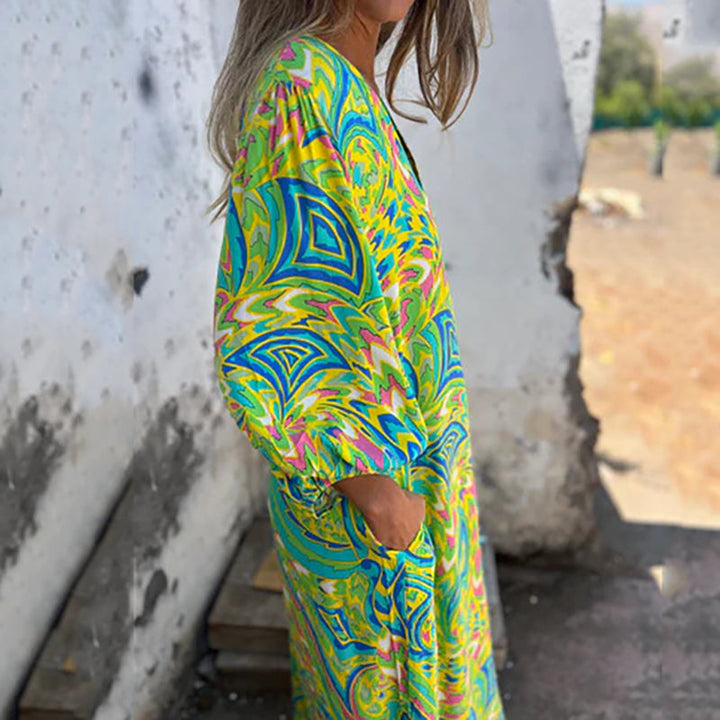 Lowri - Elegante Vestido Largo Con Cuello En V y Bolsillos