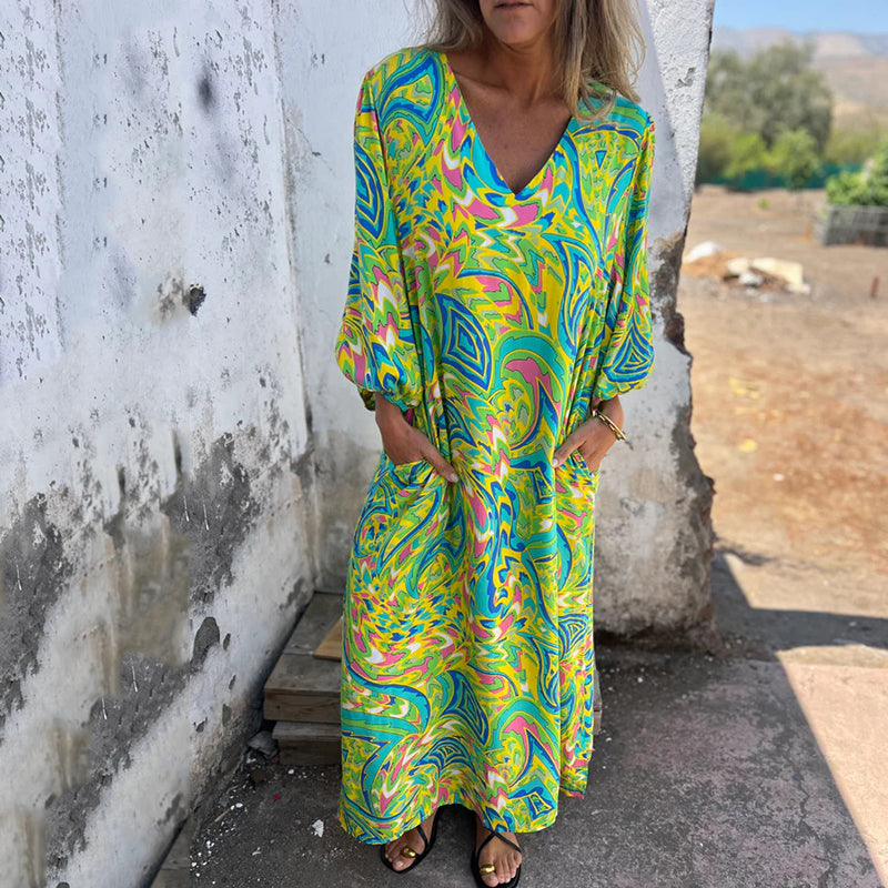 Lowri - Elegante Vestido Largo Con Cuello En V y Bolsillos