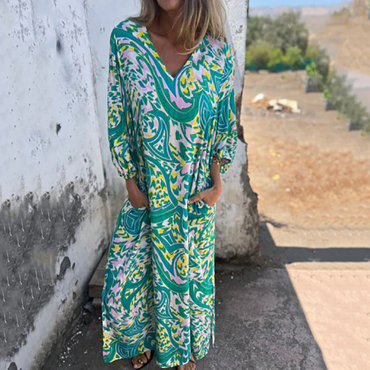 Lowri - Elegante Vestido Largo Con Cuello En V y Bolsillos
